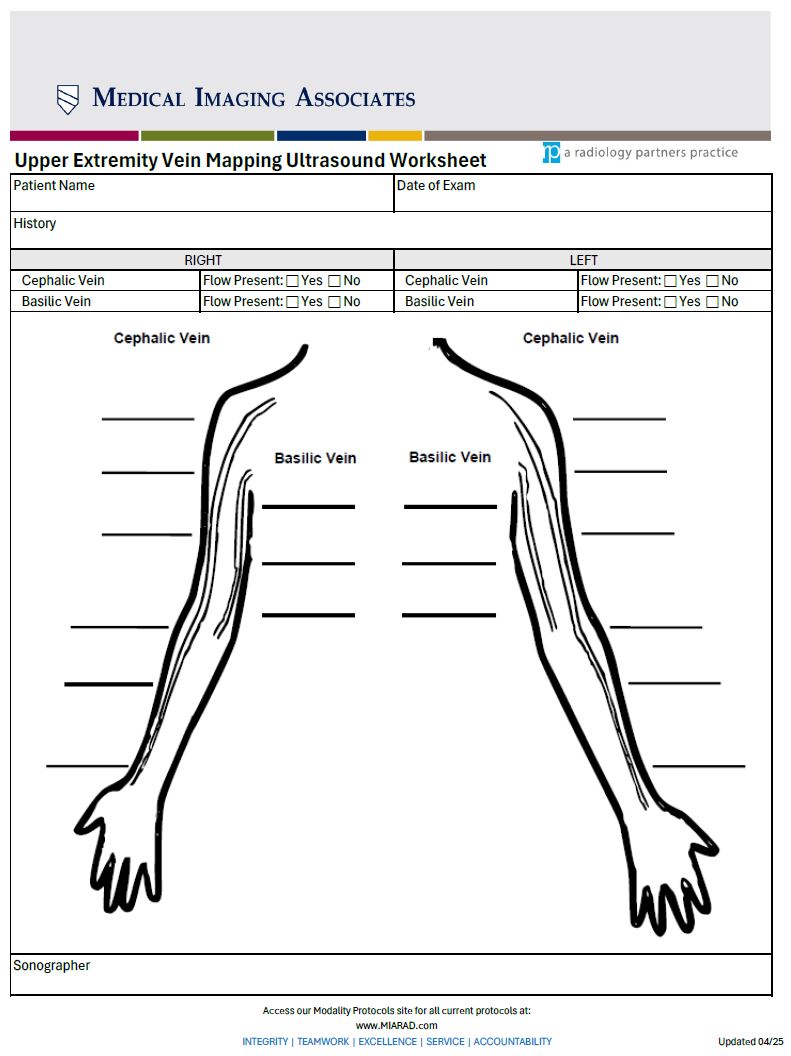 US Upper Extremity Vein Mapping Worksheet